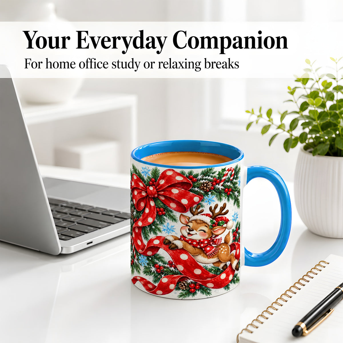 #pl[11oz|Blue] Christmas Reindeer Accent Mug, Ceramic Cup with Red Polka Dot Bow