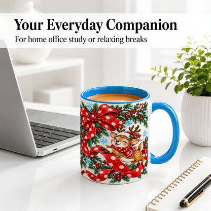 #pl[11oz|Blue] Christmas Reindeer Accent Mug, Ceramic Cup with Red Polka Dot Bow