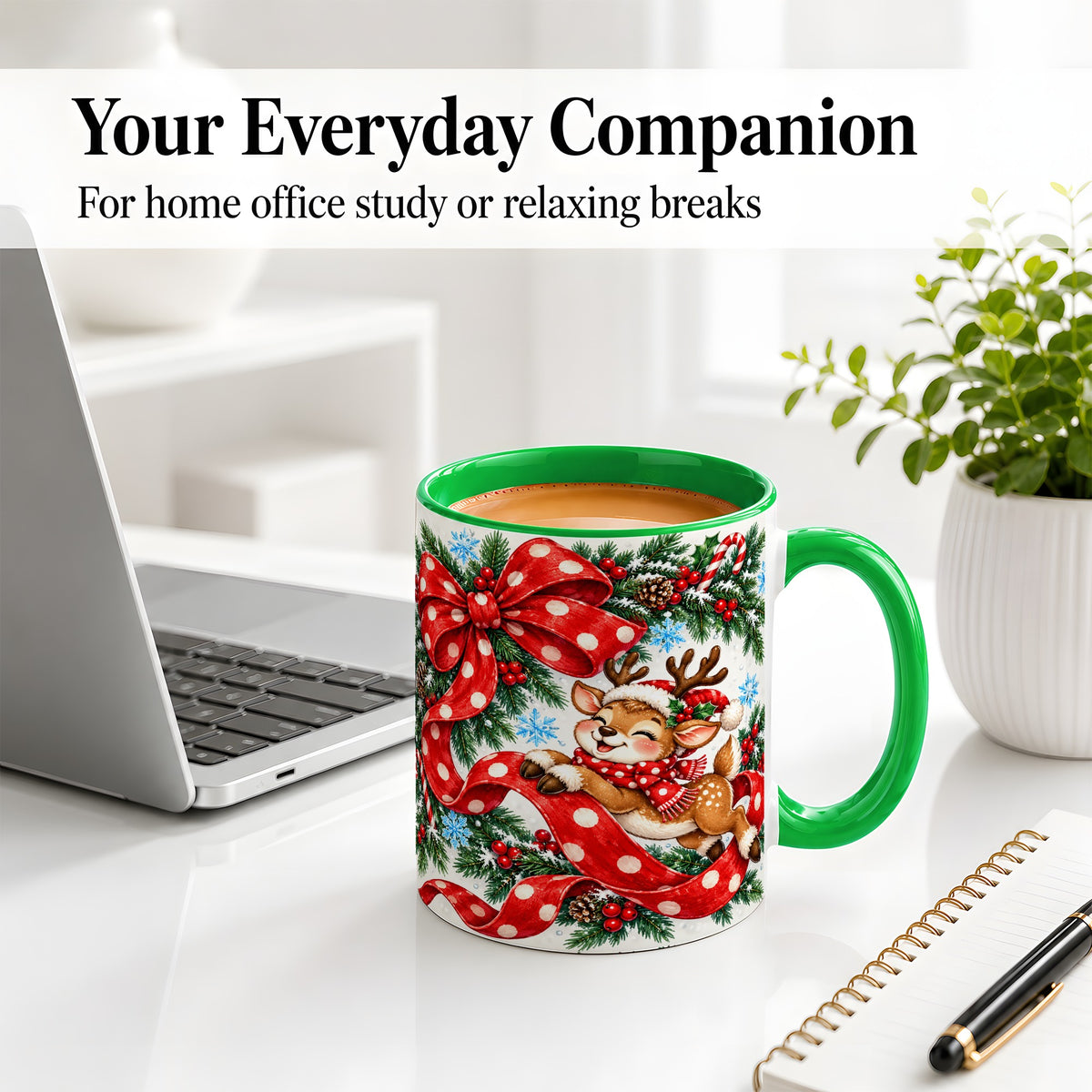 #pl[11oz|Green] Christmas Reindeer Accent Mug, Ceramic Cup with Red Polka Dot Bow