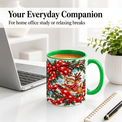 #pl[11oz|Green] Christmas Reindeer Accent Mug, Ceramic Cup with Red Polka Dot Bow