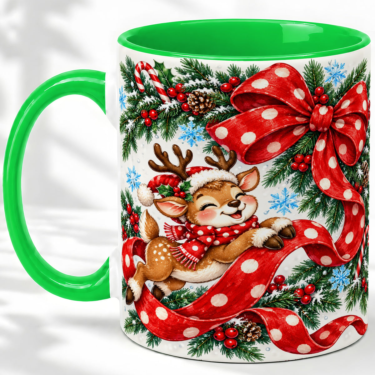 #pl[11oz|Green] Christmas Reindeer Accent Mug, Ceramic Cup with Red Polka Dot Bow