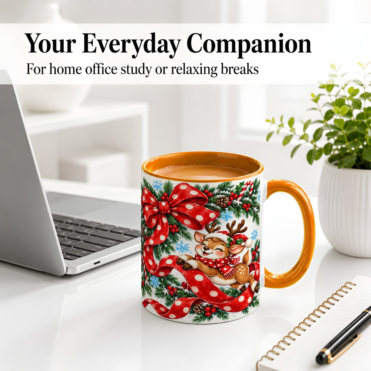 #pl[11oz|Orange] Christmas Reindeer Accent Mug, Ceramic Cup with Red Polka Dot Bow