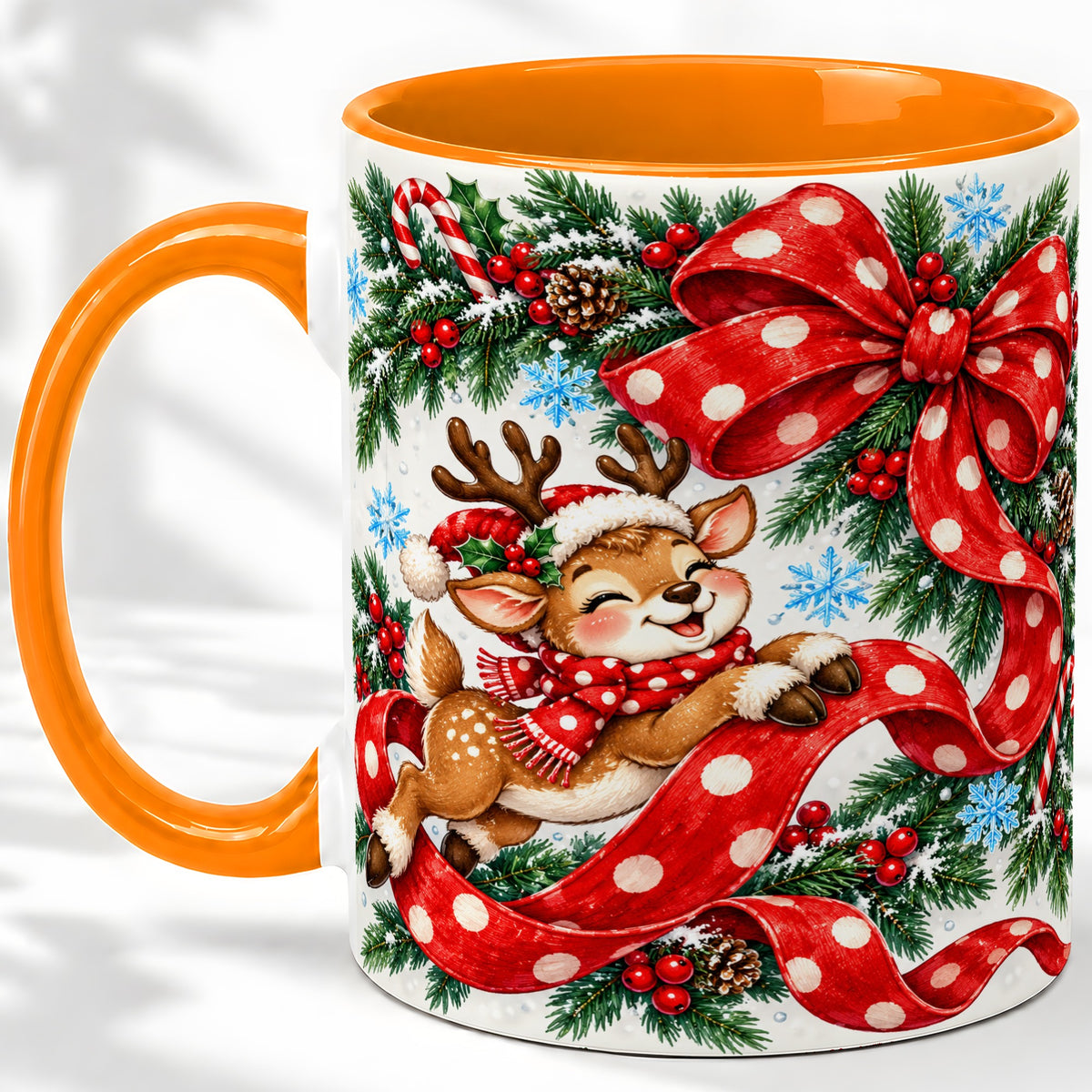 #pl[11oz|Orange] Christmas Reindeer Accent Mug, Ceramic Cup with Red Polka Dot Bow