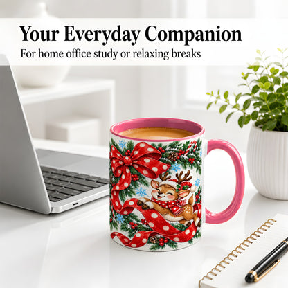 #pl[11oz|Pink] Christmas Reindeer Accent Mug, Ceramic Cup with Red Polka Dot Bow