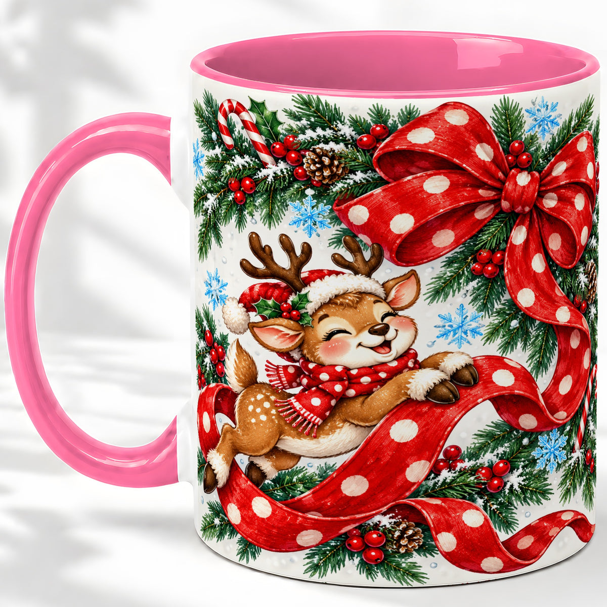 #pl[11oz|Pink] Christmas Reindeer Accent Mug, Ceramic Cup with Red Polka Dot Bow