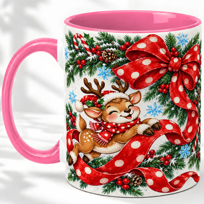 #pl[11oz|Pink] Christmas Reindeer Accent Mug, Ceramic Cup with Red Polka Dot Bow