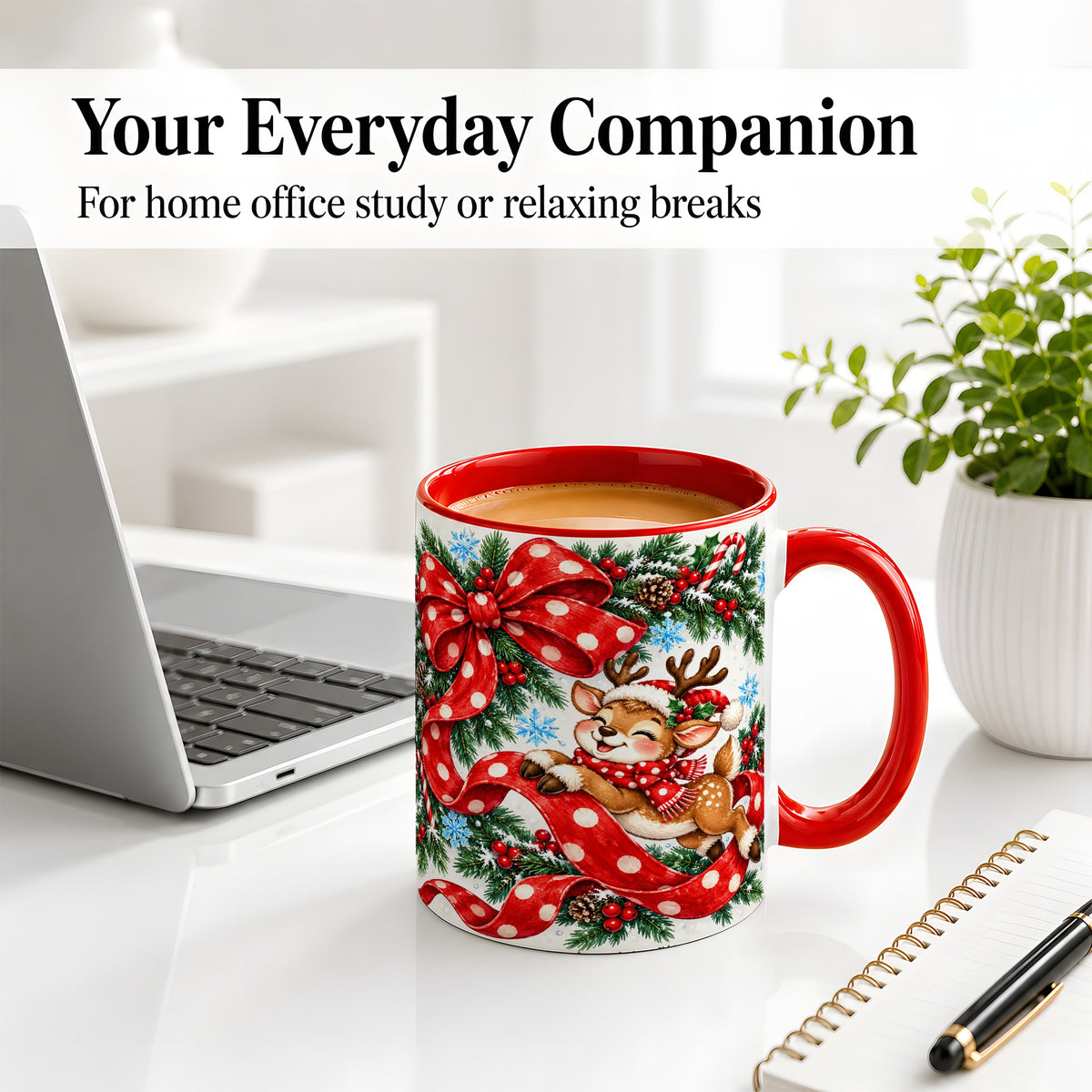 #pl[11oz|Red] Christmas Reindeer Accent Mug, Ceramic Cup with Red Polka Dot Bow