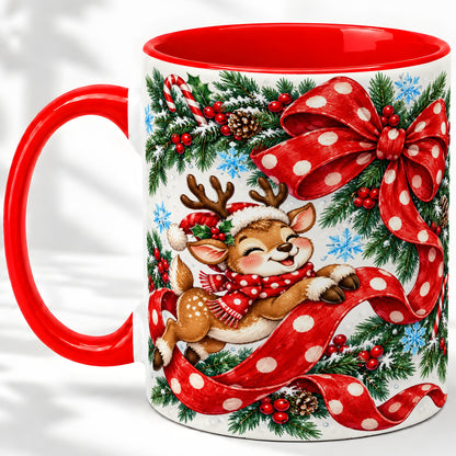Christmas Reindeer Accent Mug, Ceramic Cup with Red Polka Dot Bow