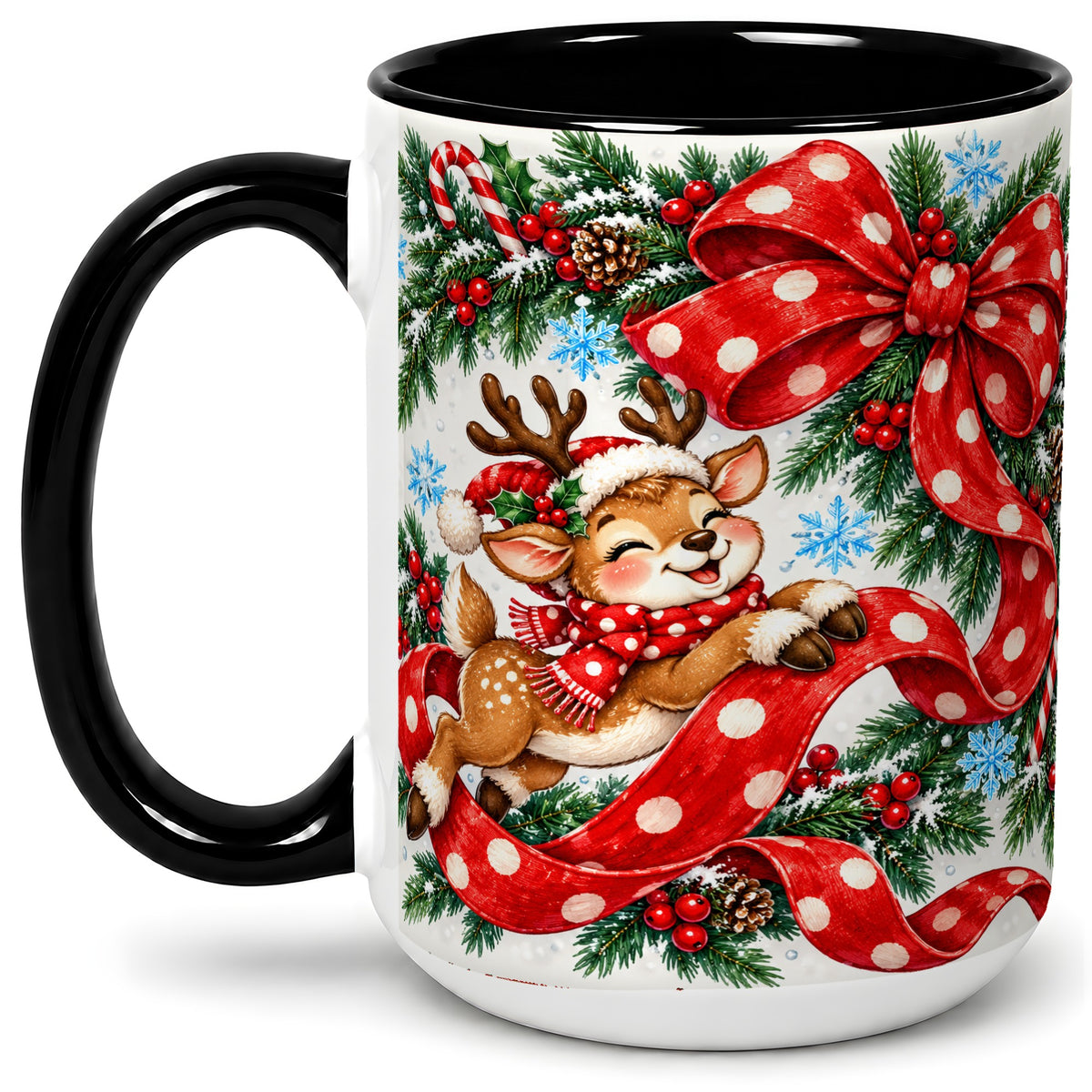 #pl[15oz|Black] Christmas Reindeer Accent Mug, Ceramic Cup with Red Polka Dot Bow
