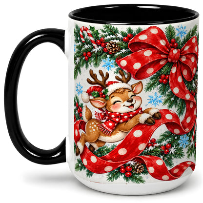 #pl[15oz|Black] Christmas Reindeer Accent Mug, Ceramic Cup with Red Polka Dot Bow