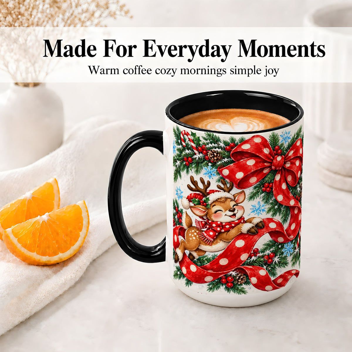 #pl[15oz|Black] Christmas Reindeer Accent Mug, Ceramic Cup with Red Polka Dot Bow