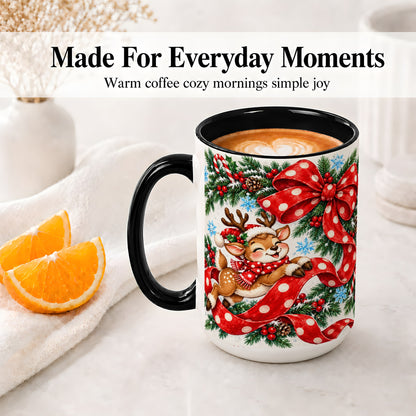 #pl[15oz|Black] Christmas Reindeer Accent Mug, Ceramic Cup with Red Polka Dot Bow