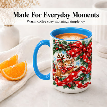 #pl[15oz|Blue] Christmas Reindeer Accent Mug, Ceramic Cup with Red Polka Dot Bow