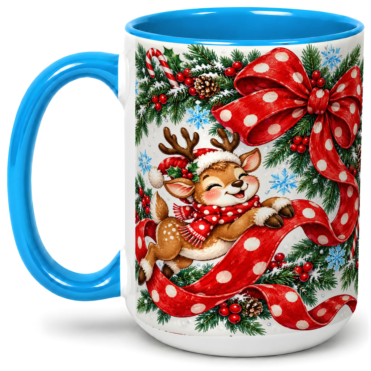 #pl[15oz|Blue] Christmas Reindeer Accent Mug, Ceramic Cup with Red Polka Dot Bow