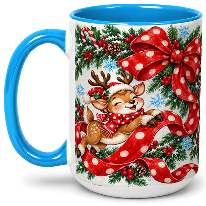 #pl[15oz|Blue] Christmas Reindeer Accent Mug, Ceramic Cup with Red Polka Dot Bow