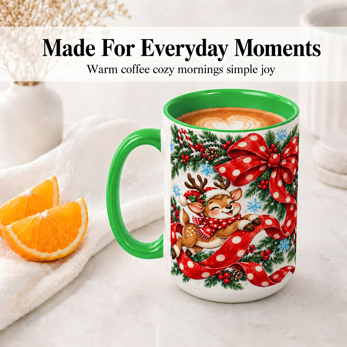 #pl[15oz|Green] Christmas Reindeer Accent Mug, Ceramic Cup with Red Polka Dot Bow