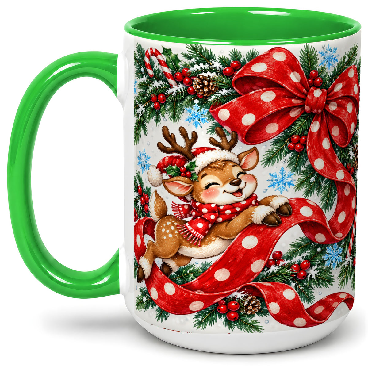 #pl[15oz|Green] Christmas Reindeer Accent Mug, Ceramic Cup with Red Polka Dot Bow