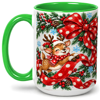 #pl[15oz|Green] Christmas Reindeer Accent Mug, Ceramic Cup with Red Polka Dot Bow