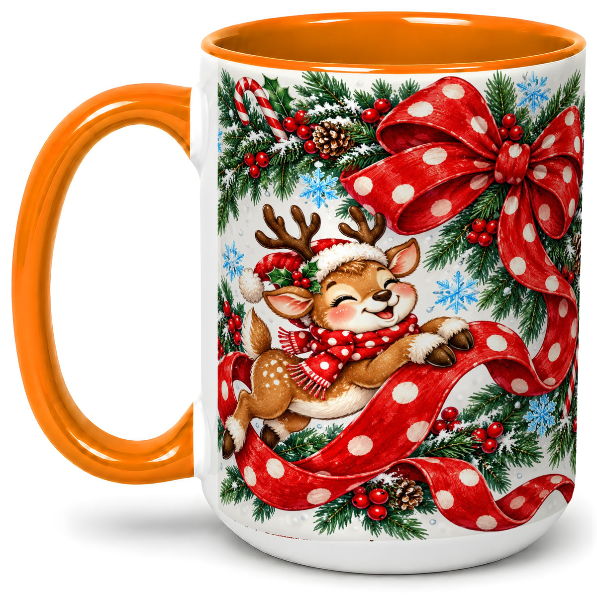 #pl[15oz|Orange] Christmas Reindeer Accent Mug, Ceramic Cup with Red Polka Dot Bow