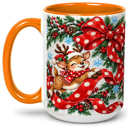 #pl[15oz|Orange] Christmas Reindeer Accent Mug, Ceramic Cup with Red Polka Dot Bow