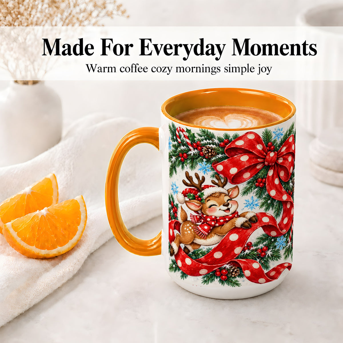 #pl[15oz|Orange] Christmas Reindeer Accent Mug, Ceramic Cup with Red Polka Dot Bow