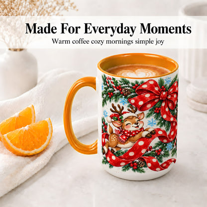 #pl[15oz|Orange] Christmas Reindeer Accent Mug, Ceramic Cup with Red Polka Dot Bow