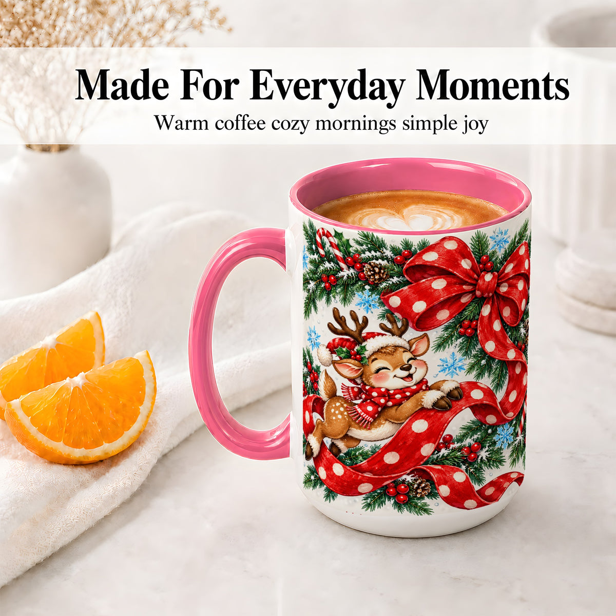 #pl[15oz|Pink] Christmas Reindeer Accent Mug, Ceramic Cup with Red Polka Dot Bow