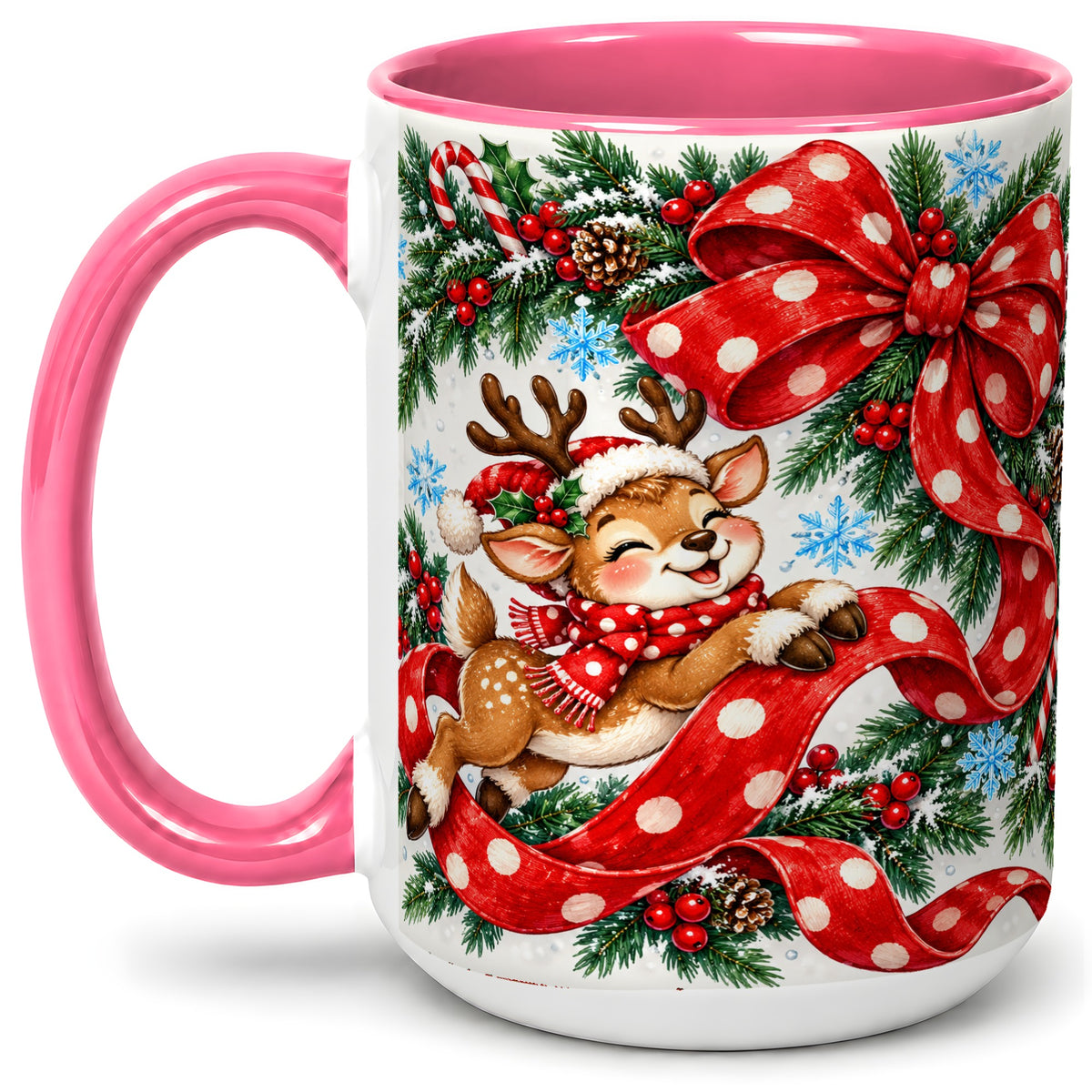 #pl[15oz|Pink] Christmas Reindeer Accent Mug, Ceramic Cup with Red Polka Dot Bow
