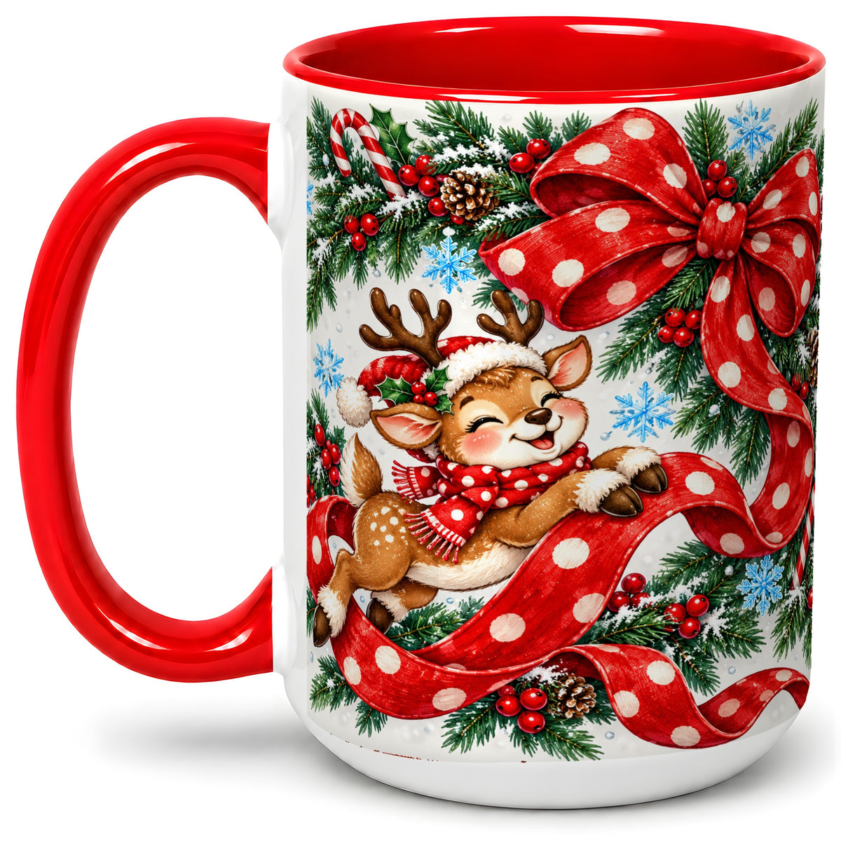 #pl[15oz|Red] Christmas Reindeer Accent Mug, Ceramic Cup with Red Polka Dot Bow