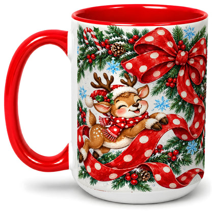 #pl[15oz|Red] Christmas Reindeer Accent Mug, Ceramic Cup with Red Polka Dot Bow