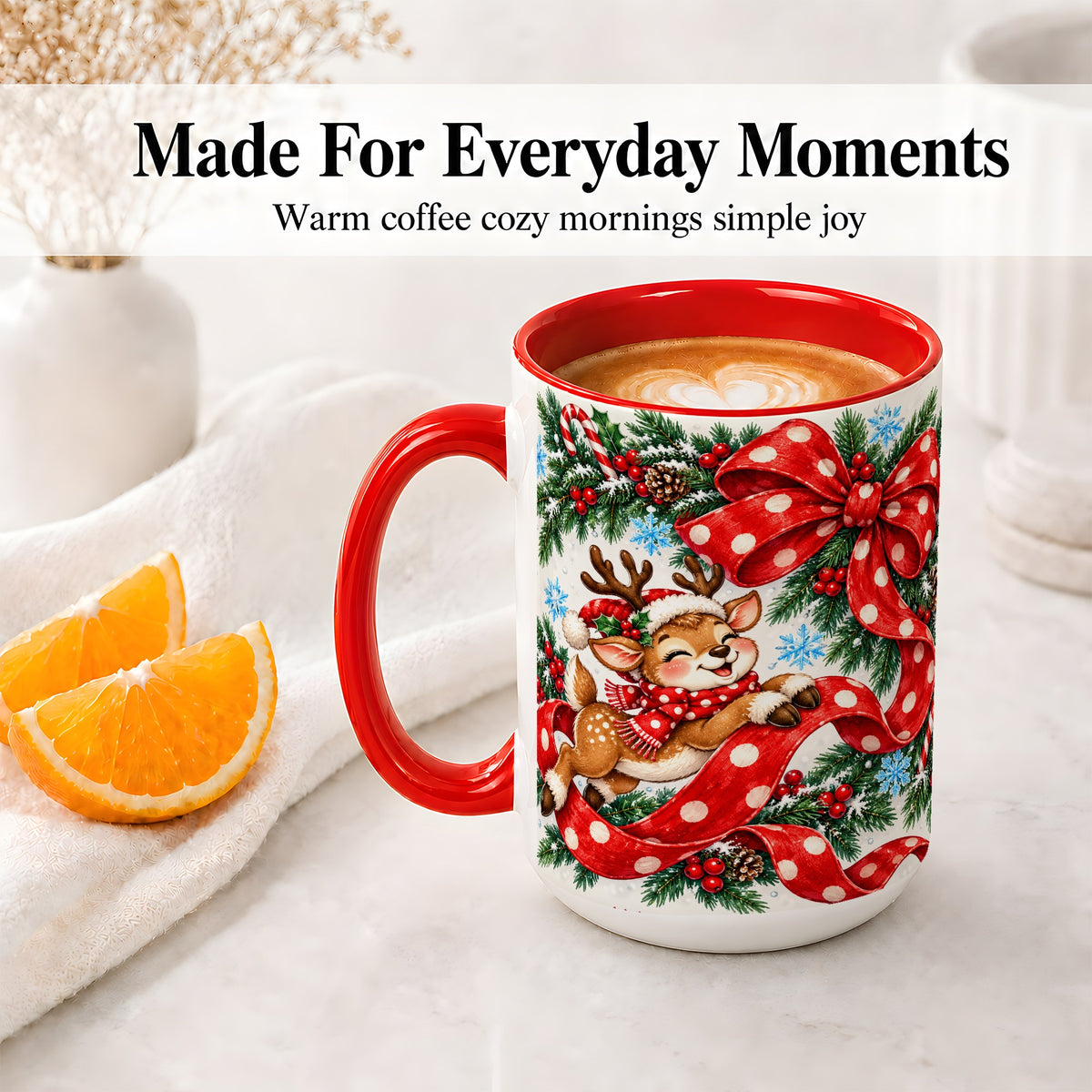 #pl[15oz|Red] Christmas Reindeer Accent Mug, Ceramic Cup with Red Polka Dot Bow