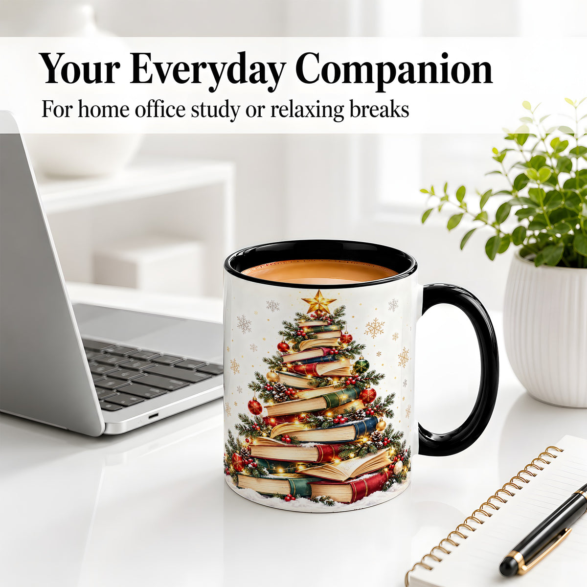 #pl[11oz|Black] Christmas Book Tree Accent Mug, Ceramic Coffee Cup for Book Lovers