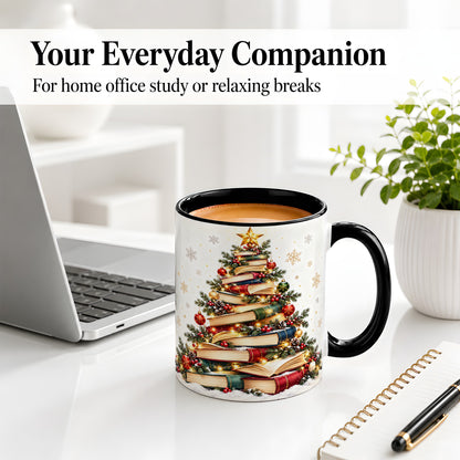 #pl[11oz|Black] Christmas Book Tree Accent Mug, Ceramic Coffee Cup for Book Lovers