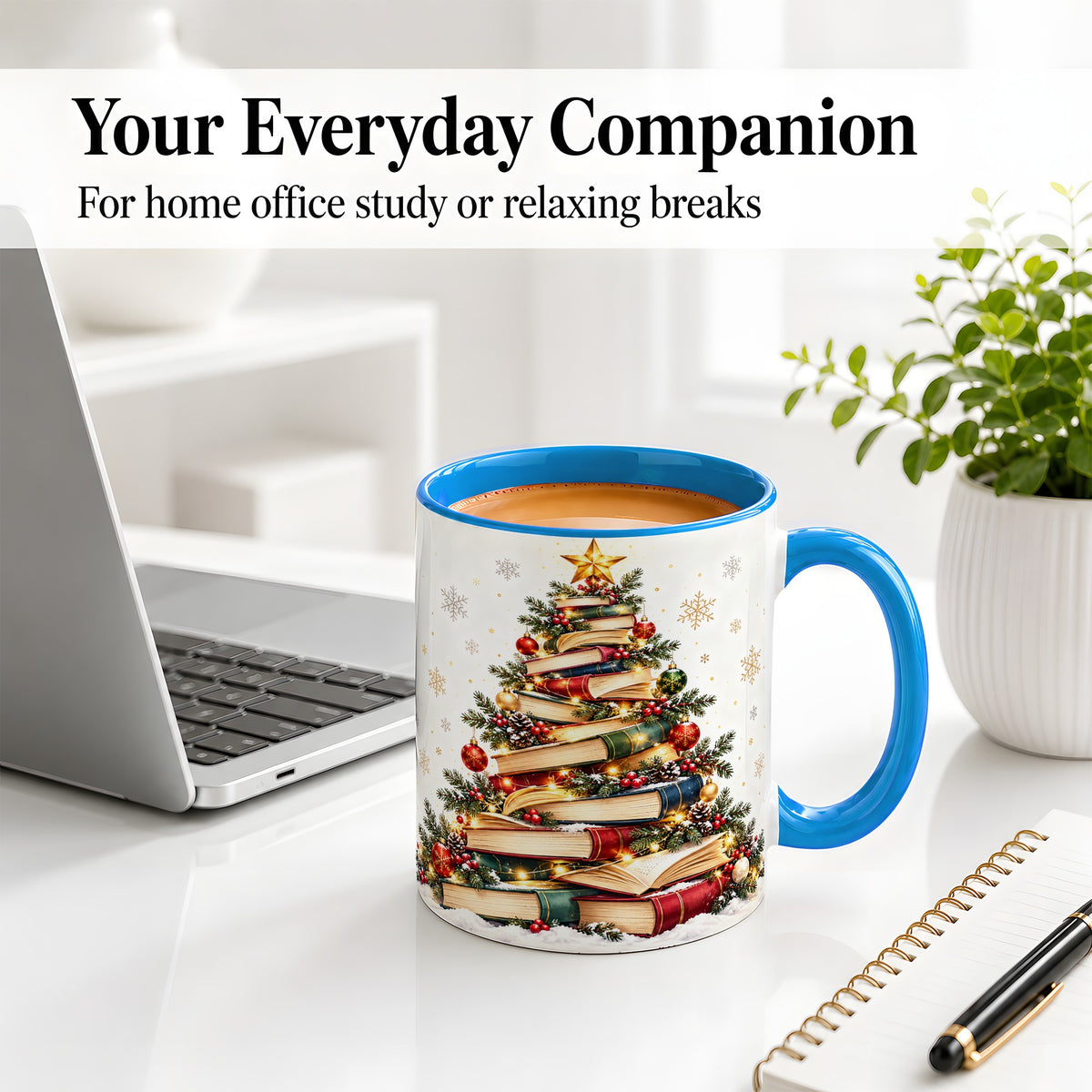 #pl[11oz|Blue] Christmas Book Tree Accent Mug, Ceramic Coffee Cup for Book Lovers