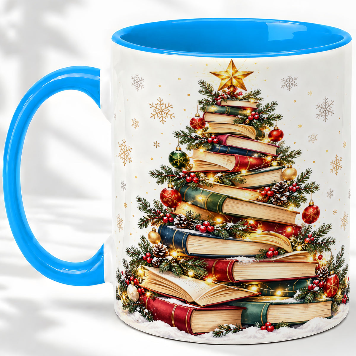#pl[11oz|Blue] Christmas Book Tree Accent Mug, Ceramic Coffee Cup for Book Lovers