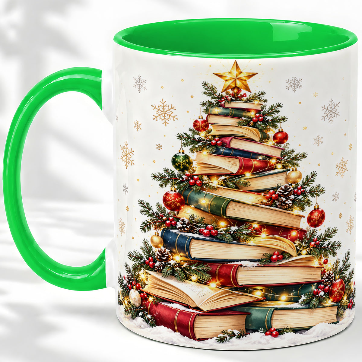 #pl[11oz|Green] Christmas Book Tree Accent Mug, Ceramic Coffee Cup for Book Lovers