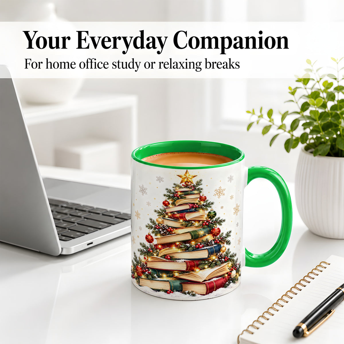 #pl[11oz|Green] Christmas Book Tree Accent Mug, Ceramic Coffee Cup for Book Lovers