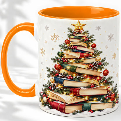 #pl[11oz|Orange] Christmas Book Tree Accent Mug, Ceramic Coffee Cup for Book Lovers