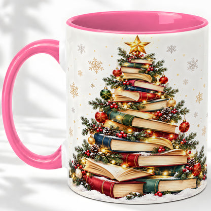 #pl[11oz|Pink] Christmas Book Tree Accent Mug, Ceramic Coffee Cup for Book Lovers