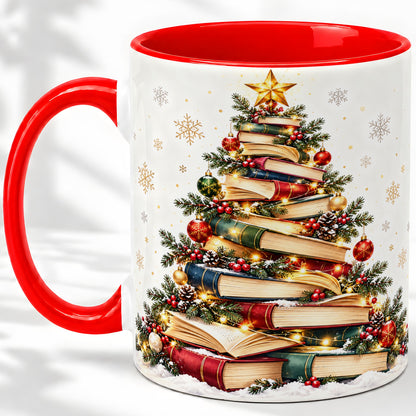 Christmas Book Tree Accent Mug, Ceramic Coffee Cup for Book Lovers