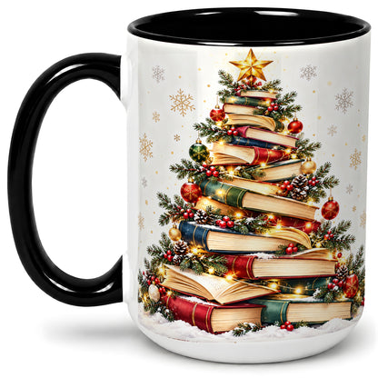 #pl[15oz|Black] Christmas Book Tree Accent Mug, Ceramic Coffee Cup for Book Lovers