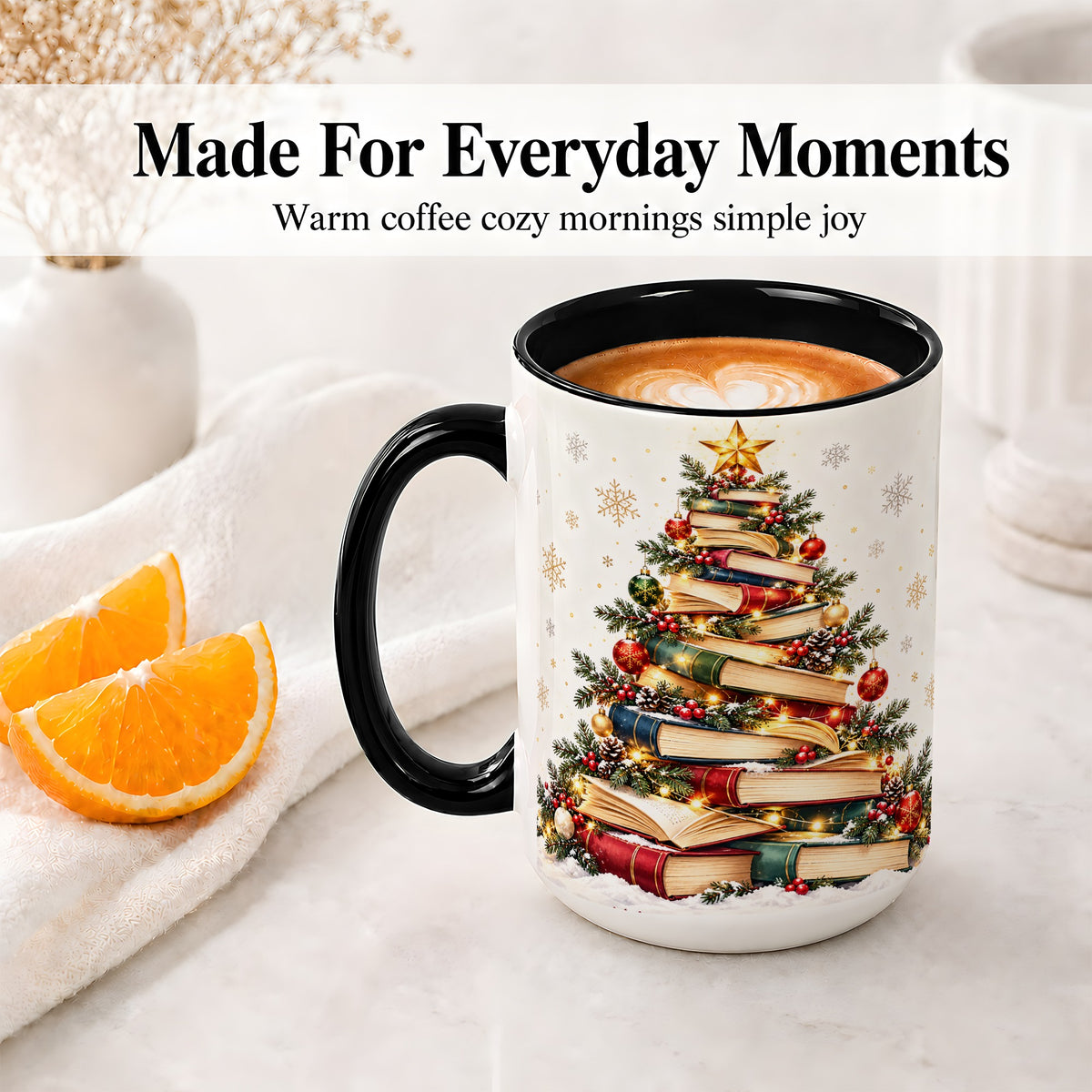 #pl[15oz|Black] Christmas Book Tree Accent Mug, Ceramic Coffee Cup for Book Lovers