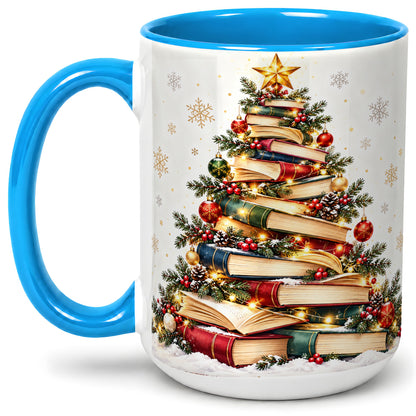 #pl[15oz|Blue] Christmas Book Tree Accent Mug, Ceramic Coffee Cup for Book Lovers