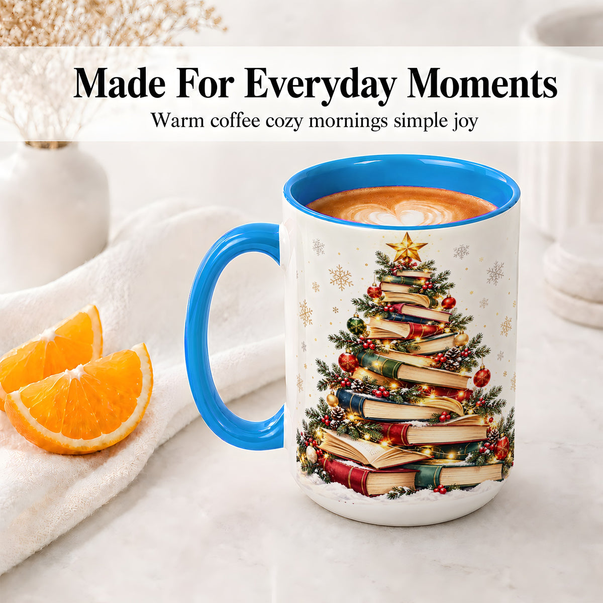 #pl[15oz|Blue] Christmas Book Tree Accent Mug, Ceramic Coffee Cup for Book Lovers