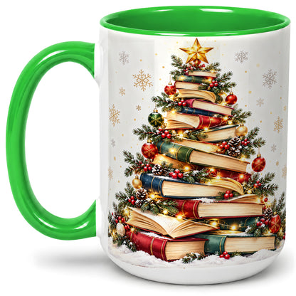 #pl[15oz|Green] Christmas Book Tree Accent Mug, Ceramic Coffee Cup for Book Lovers