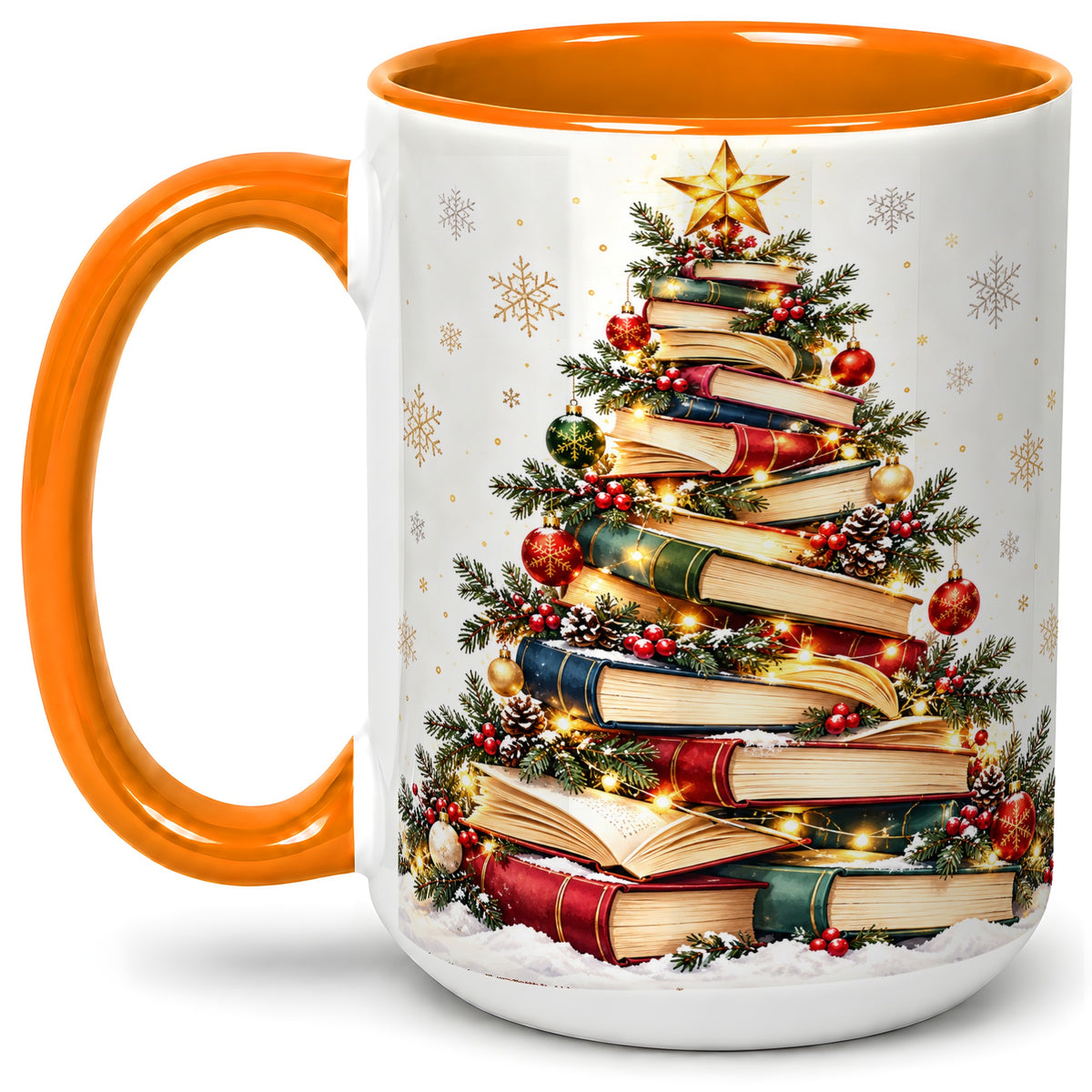 #pl[15oz|Orange] Christmas Book Tree Accent Mug, Ceramic Coffee Cup for Book Lovers