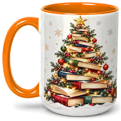 #pl[15oz|Orange] Christmas Book Tree Accent Mug, Ceramic Coffee Cup for Book Lovers