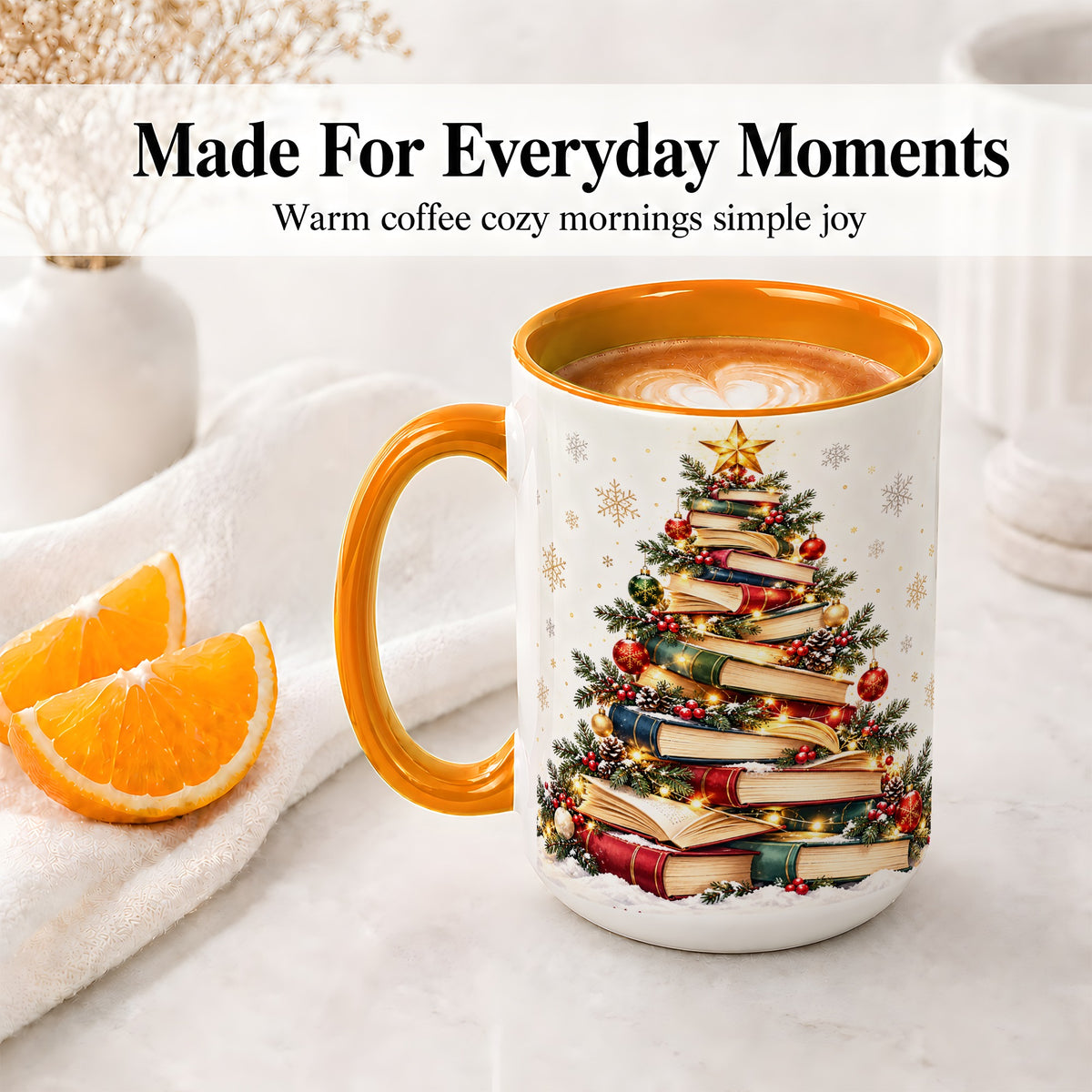 #pl[15oz|Orange] Christmas Book Tree Accent Mug, Ceramic Coffee Cup for Book Lovers