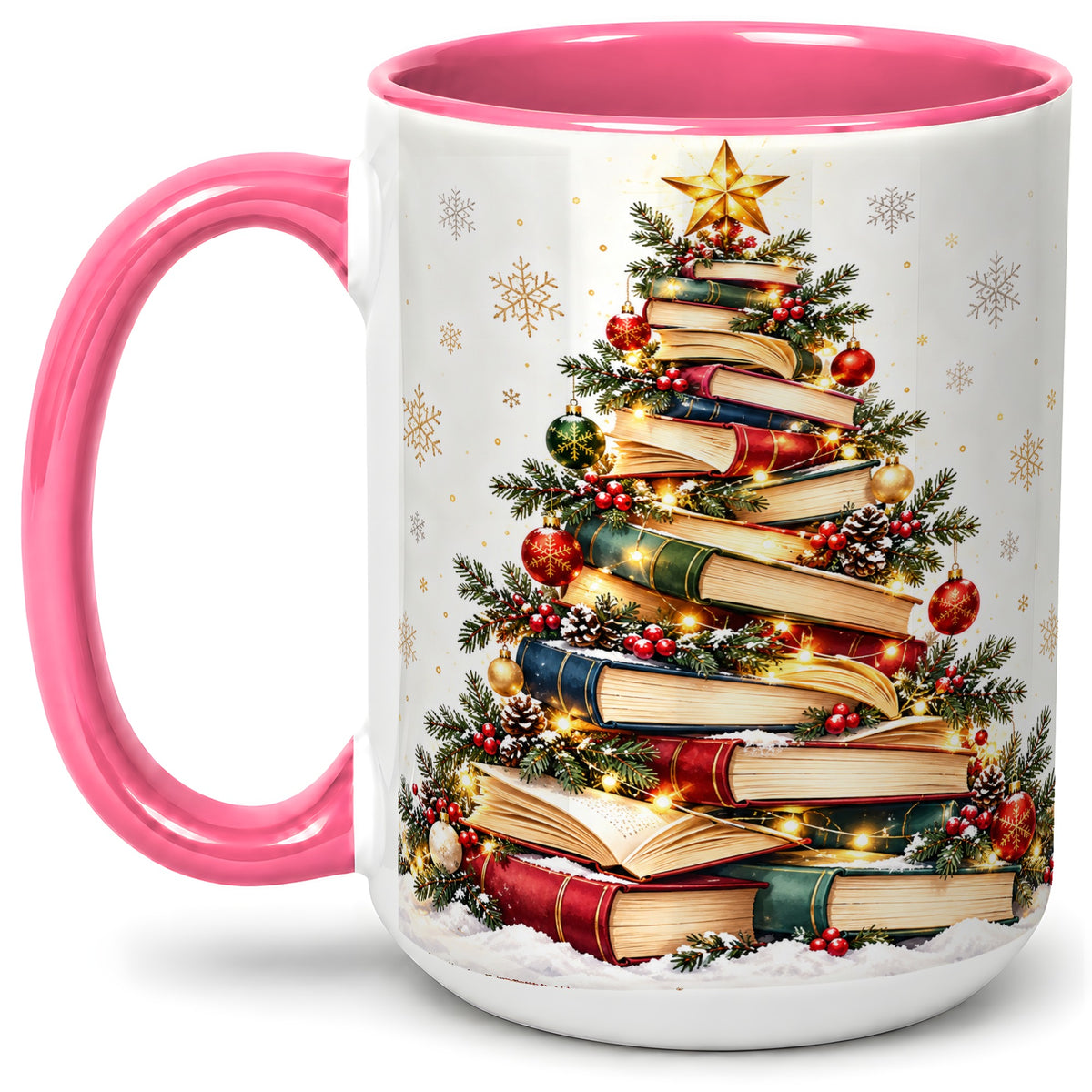 #pl[15oz|Pink] Christmas Book Tree Accent Mug, Ceramic Coffee Cup for Book Lovers