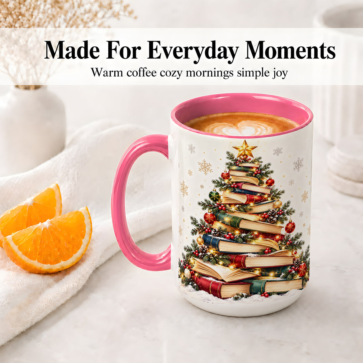#pl[15oz|Pink] Christmas Book Tree Accent Mug, Ceramic Coffee Cup for Book Lovers